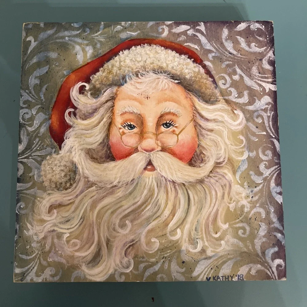 Handpainted Christmas Santa Acrylic On Wood Artist Signed Size 6